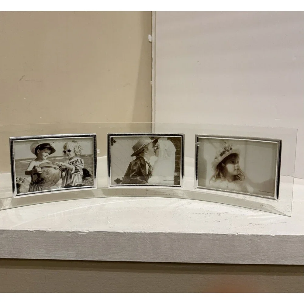 Curved Glass Triple Picture Frame 3 Photo Beveled Silver Desk Mantel Holder Bent